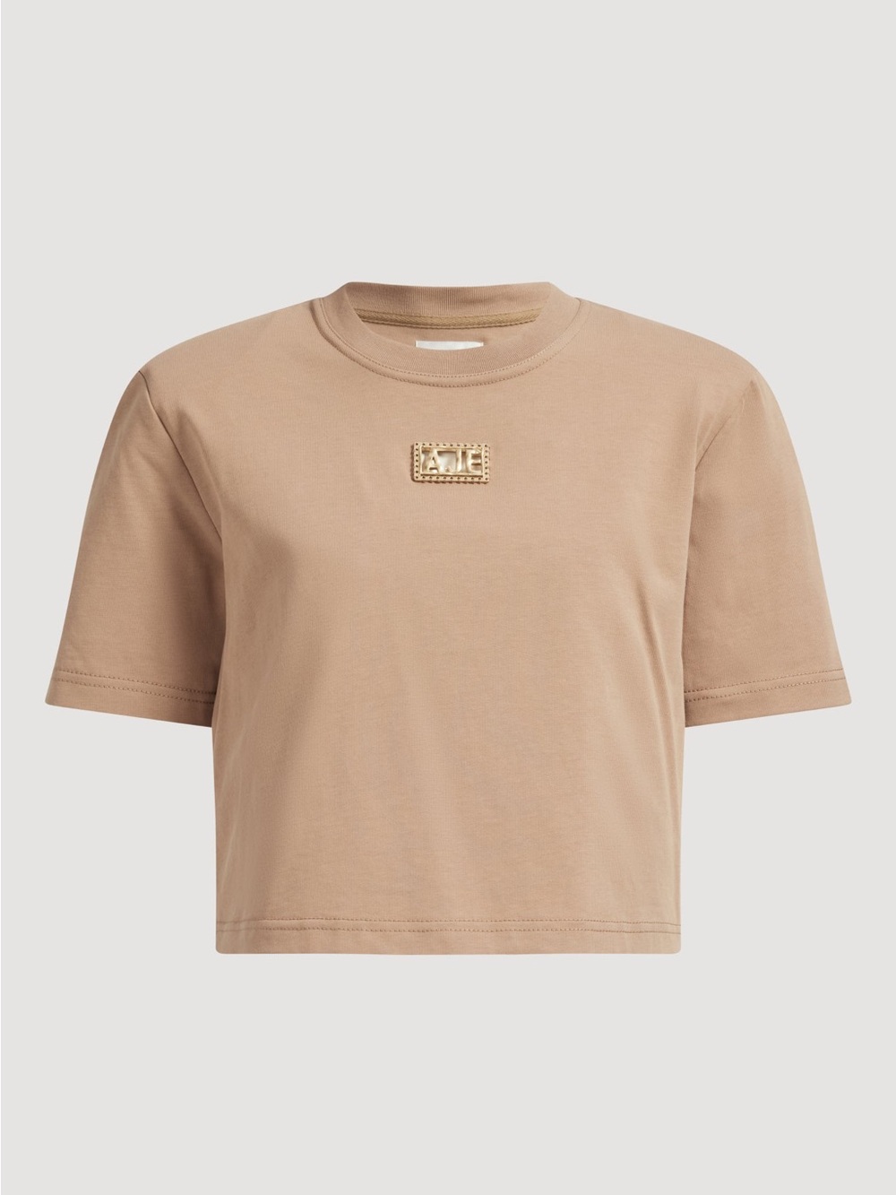 AJE LAINEY CROP TEE Beige Cropped T‑Shirt with Center Plaque, XS